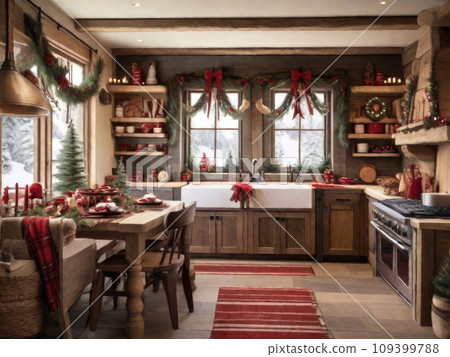 Cozy rustic retro kitchen with Christmas decor,...-插圖素材 [109399788 ...