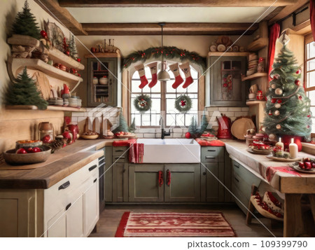 Cozy rustic retro kitchen with Christmas decor, utensils. Merry Christmas and Happy New Year greeting card, home warmth 109399790