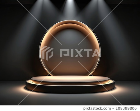 Black with gold round geometric empty podium for a product in a beam of light on a black background. Black Friday promotion, advertising, display Black with gold round geometric empty podium for a product in a beam of light on a black background. Black Friday promotion, advertising, display 109399806