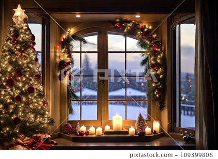 Cozy window with Christmas decor and warm light inside - view from outside the house. celebrate Christmas and New Year, Christmas tree, bokeh, snow Cozy window with Christmas decor and warm light inside - view from outside the house. celebrate Christmas and New Year, Christmas tree, bokeh, snow 109399808