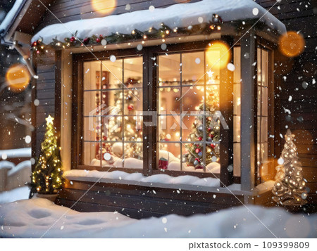 Cozy window with Christmas decor and warm light inside - view from outside the house. celebrate Christmas and New Year, Christmas tree, bokeh, snow Cozy window with Christmas decor and warm light inside - view from outside the house. celebrate Christmas and New Year, Christmas tree, bokeh, snow 109399809