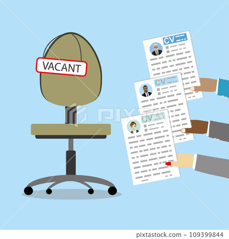 Sign vacant on chair,hands with cv resume, 109399844