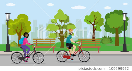 African american woman and european male cyclist riding in the p 109399952