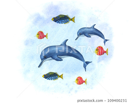 Cartoon swimming dolphins among small multicolor fishes. Porpoise, triggerfish. Sea composition on watercolor background. Hand drawn illustration for wallpaper, print, baby textile, postcard 109400231