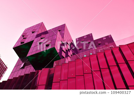 Colorful pink glass skyscrapers, building facades, minimalistic cityscape, modern architecture Colorful pink glass skyscrapers, building facades, minimalistic cityscape, modern architecture 109400327