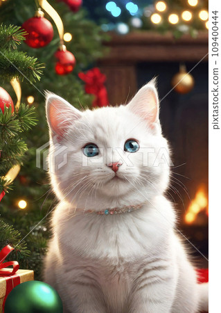 Cute white kitten on a New Year's backgrounds with gifts. Background for calendars, postcards, posters, greetings. Cute white kitten on a New Year's backgrounds with gifts. Background for calendars, postcards, posters, greetings. 109400444