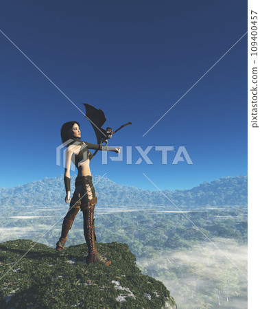 Female Dragon Trainer with Baby Dragon Above the Forest Valley 109400457