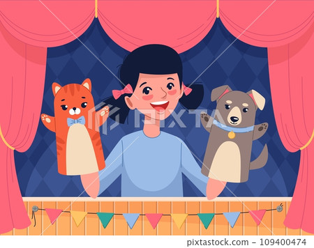 Puppets show scene. Funny kids performance, girl actress with dolls on hands, theater stage with red curtain, cute baby show, childish entertainment, cartoon flat isolated vector concept Puppets show scene. Funny kids performance, girl actress with dolls on hands, theater stage with red curtain, cute baby show, childish entertainment, cartoon flat isolated vector concept 109400474