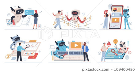People using AI. Artificial intelligence interacts with users, communicating with chatbot, futuristic assistant helps, cyborg writes music, edits video, translator and analytics, nowaday vector set 109400480