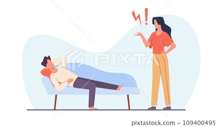 Lazy man lies on couch and woman is not happy about it. Family scandal, crisis and misunderstanding, difficulties in relationships. Angry unhappy wife. Cartoon isolated vector concept 109400495