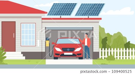 Charging an electric car in home garage. Contemporary house with solar panels on roof. Ecological technology. Environment care. Solar energy. Green transport, cartoon flat vector concept 109400525