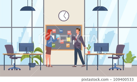 Bulletin board on wall in office filled with employee tasks. Man and woman planning, colorful stickers on blackboard. Colleagues brainstorming. Cartoon flat isolated vector concept 109400533