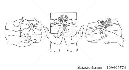 Contour hand drawn doodle set with hands and gifts Contour hand drawn doodle set with hands and gifts 109400774