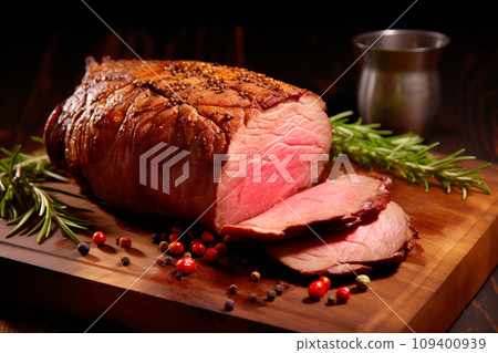 Closeup view of Medium rare roasted beef meat on plate. Slices of juicy beef steak or angus steak 109400939