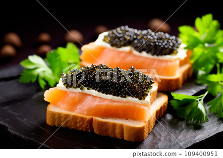 Closeup of natural black caviar served on crackers on black background, texture of fresh sturgeon caviar macro photo. 109400951
