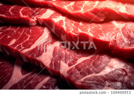 Macro closeup view of a red piece of veal meat on table. Slices of beef steak with a red streaked texture 109400953