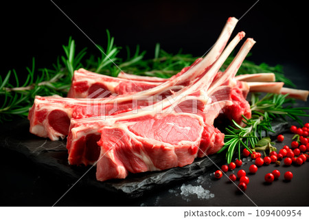 Raw fresh rack of lamb with green herbs on black background 109400954