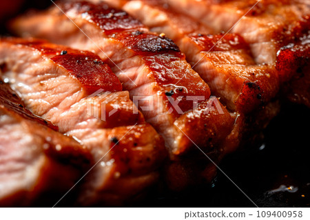 A close up of sliced homemade hot pork tenderloin in a pan with herbs and spices 109400958