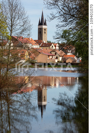 Telc town - tower with pond on foreground, Czech Republic 109401070