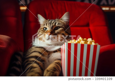 AI-generated content. Cat eating popcorn and watching an exciting premiere of a new movie in cinema 109401109