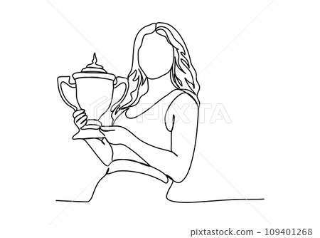 Woman holding the championship trophy, one line drawing vector illustration. 109401268