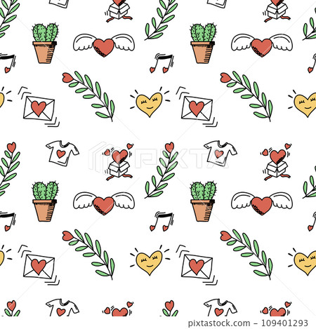 Romantic doodle pattern for Valentines Day. Vector illustration. 109401293