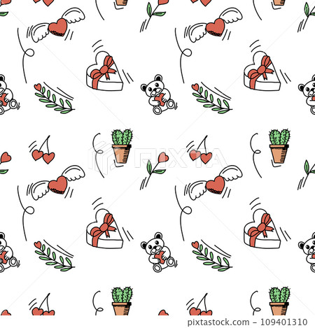 Romantic doodle pattern for Valentines Day. Vector illustration. 109401310