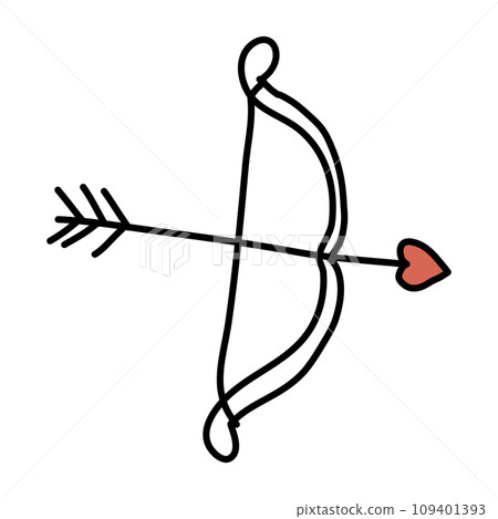 Bow with a heart-shaped arrow. Doodle vector illustration. 109401393