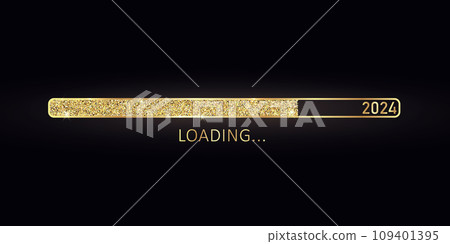 2024 New Year gold progress bar. Golden loading bar with glitter particles on black background for Christmas greeting card. Design template for holiday party invitation. Concept of festive banner 109401395