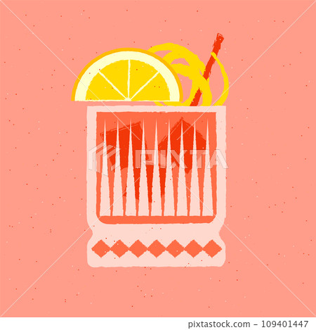 Cold cocktail with lemon zest and ice cubes. Tumbler glass. Vector with texture 109401447