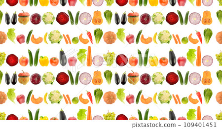 Fruit and vegetable seamless pattern isolated on white Fruit and vegetable seamless pattern isolated on white 109401451