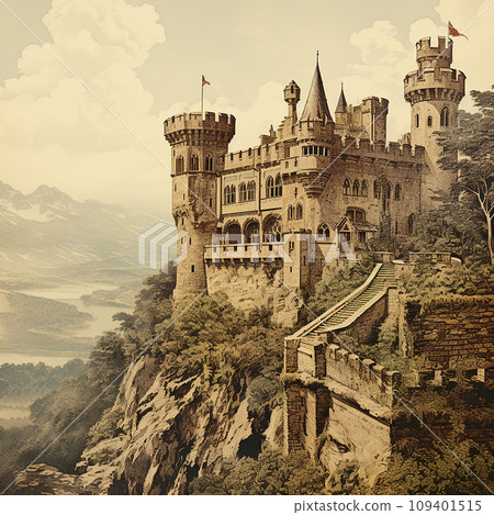 Vintage retro old English castle in the forest, stone walls, towers covered with ivy, postcard engraving style, beautiful historical landscape 109401515
