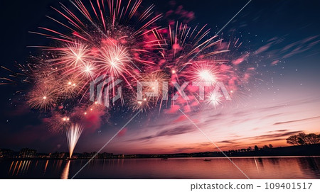 Fireworks of various colors bursting against a sky Fireworks of various colors bursting against a sky 109401517