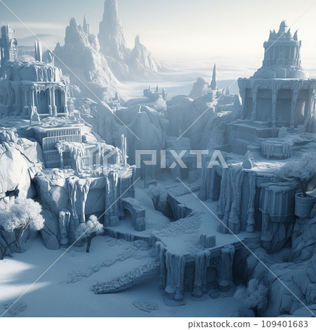Icy frozen city, ancient buildings with towers covered with snow and ice, fantastic landscape, home of Santa Claus and the Snow Queen Icy frozen city, ancient buildings with towers covered with snow and ice, fantastic landscape, home of Santa Claus and the Snow Queen 109401683