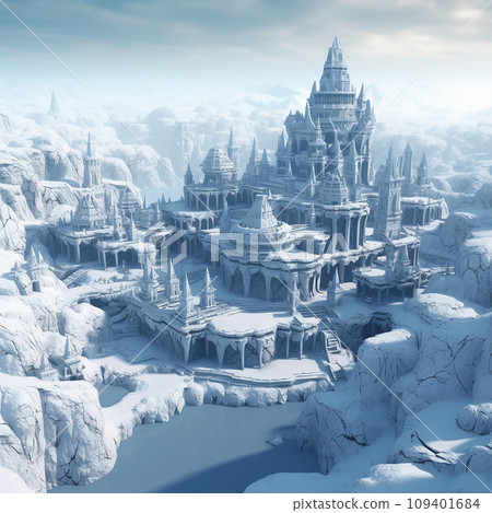 Icy frozen city, ancient buildings with towers covered with snow and ice, fantastic landscape, home of Santa Claus and the Snow Queen 109401684