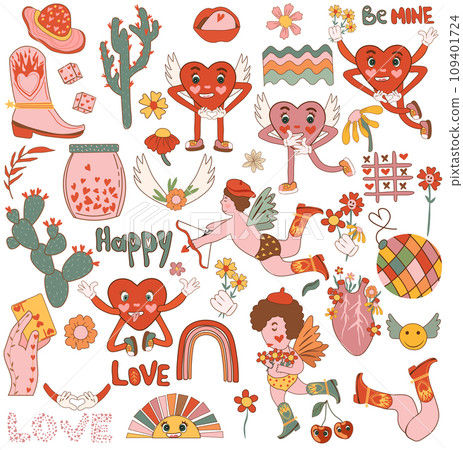 Retro Valentine's Day sticker collection. Features cartoon groovy romantic elements and holiday hippie characters. Includes a vintage comic-style cute cupid, a running heart with a flower. Vector Retro Valentine's Day sticker collection. Features cartoon groovy romantic elements and holiday hippie characters. Includes a vintage comic-style cute cupid, a running heart with a flower. Vector 109401724