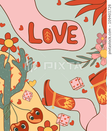 Retro Valentine's Day card. Showcases cartoon-style groovy romantic elements and festive hippie characters. Perfect for use as love-themed stickers on posters and cards. Vector illustration Retro Valentine's Day card. Showcases cartoon-style groovy romantic elements and festive hippie characters. Perfect for use as love-themed stickers on posters and cards. Vector illustration 109401726
