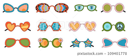 Groovy sunglasses. Collection of hippie sunglasses in trendy groovy style. 109401778