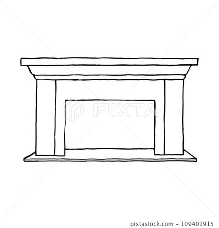 Fireplace icon graphic. A simple line drawing of a home fireplace for space heating. Black contour linear silhouette. Vector graphics outline illustration. Isolated on pure white background 109401915