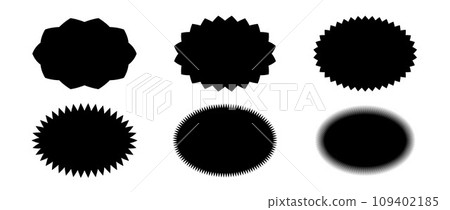 Zig zag edge ellipse shape collection. Jagged oval elements set. Black graphic design elements for decoration, banner, poster, template, sticker, badge, label, tag, emblem. Vector bundle 109402185
