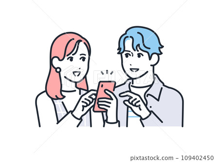 A simple vector illustration of a young man and woman consulting while looking at their smartphones A simple vector illustration of a young man and woman consulting while looking at their smartphones 109402450