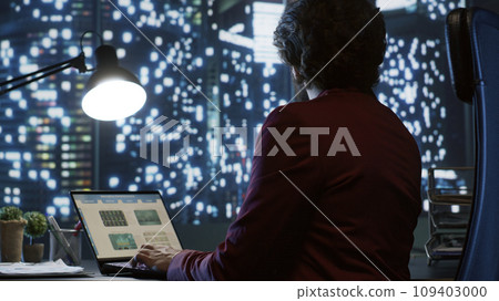 Chief financial officer evaluating company capital funds at his desk downtown, making decisions for the corporations regarding projects and finances. Business director trying to increase profit. 109403000