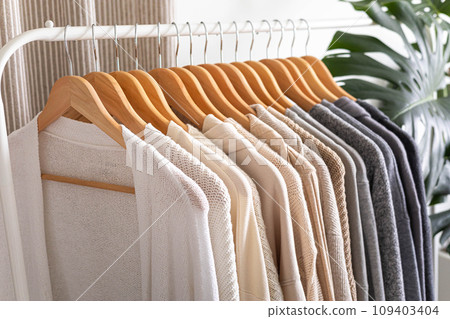 White hanger with beautiful clothes in neutral colors. Monstera flower with large leaves. White hanger with beautiful clothes in neutral colors. Monstera flower with large leaves. 109403404
