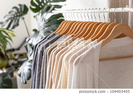 White hanger with beautiful clothes in neutral colors. Monstera flower. White background. 109403405