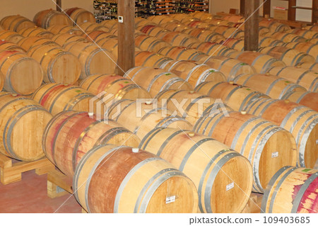 Wine cellar lined with oak barrels 109403685