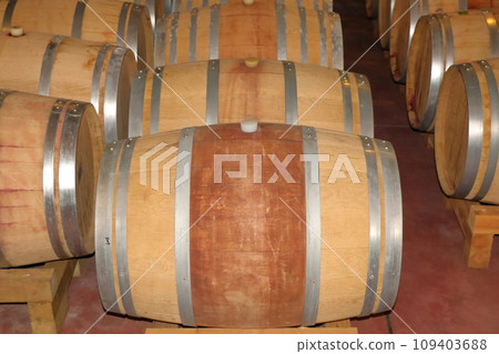 Wine cellar lined with oak barrels 109403688