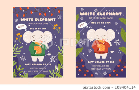 White elephant gift exchange party game template, set of two posters. Funny grumpy character who is surprised by what he sees in the gift box. Christmas party White elephant gift exchange party game template, set of two posters. Funny grumpy character who is surprised by what he sees in the gift box. Christmas party 109404114