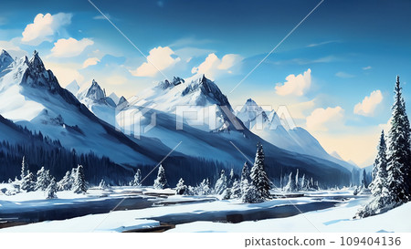 寫實雪山森林河川水畫 109404136