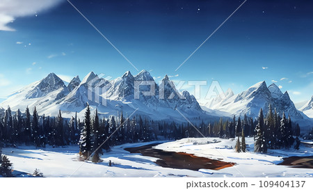 寫實雪山森林河川水畫 109404137