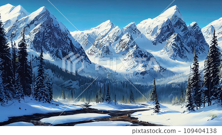 寫實雪山森林河川水畫 109404138